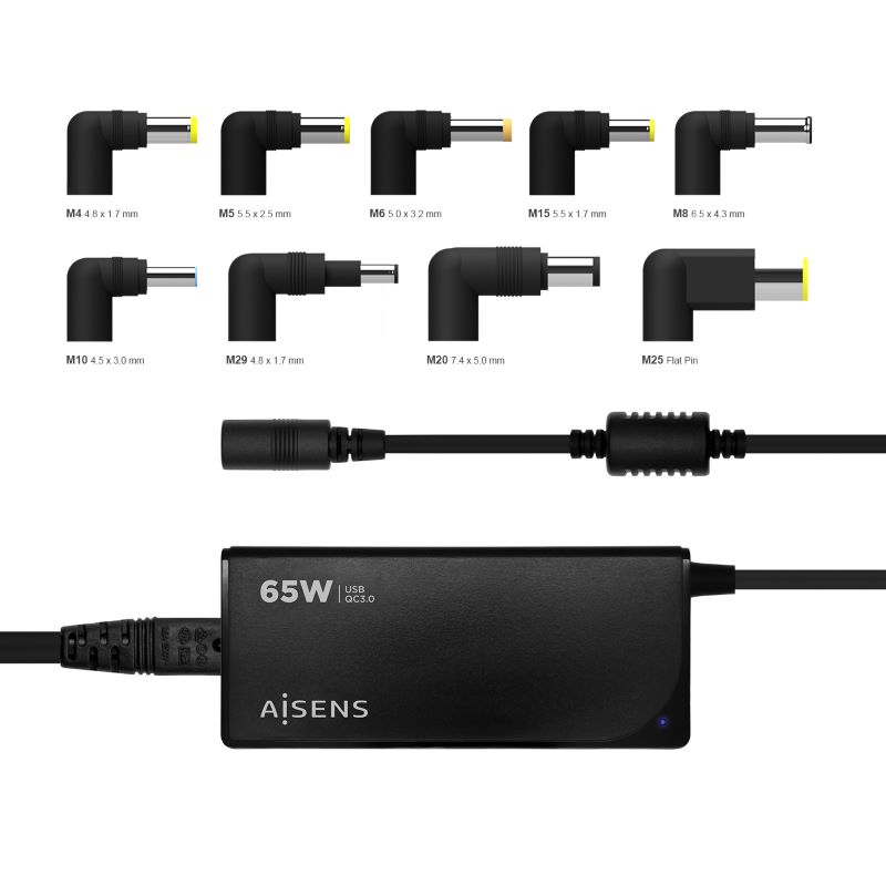 AISENS 65W CARREGADOR DE PORTÁTIL UNIVERSAL AUTOMÁTICO COM USB QC3.0