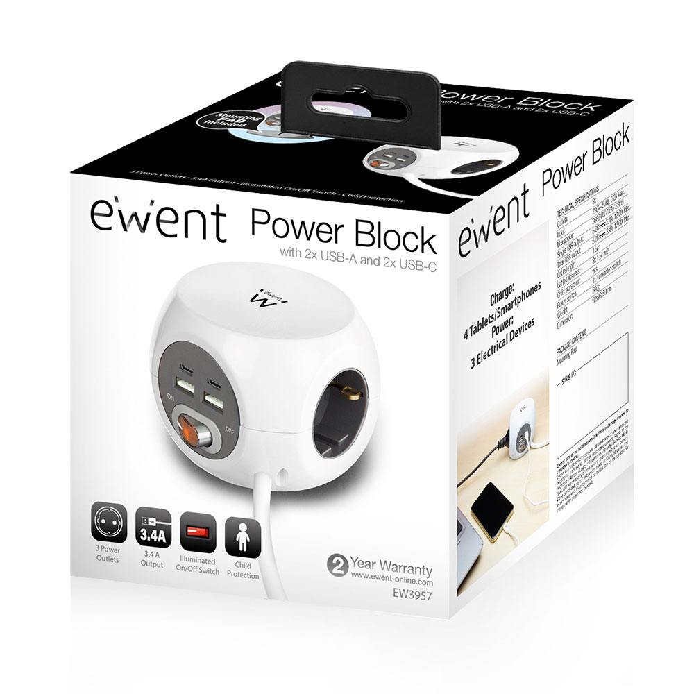 EWENT POWER BLOCK EW3957 3 TOMADAS + 2 X USB 2 X USB-C - Image 2