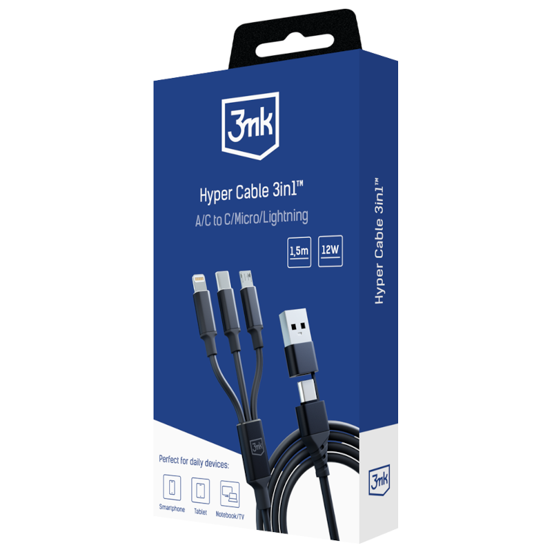 3MK HYPER CABLE 3 EM 1 A/C PARA C/MICRO/LIGHTING 1.5M (PRETO)