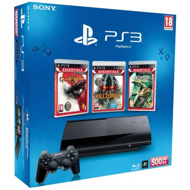 CONSOLA PLAYSTATION 3 SUPER SLIM 500GB (GOD OF WAR 3 + KILLZONE 3 + UNCHARTED DRAKES FORTUNE)(COMPLETA)(SEMI-NOVA)