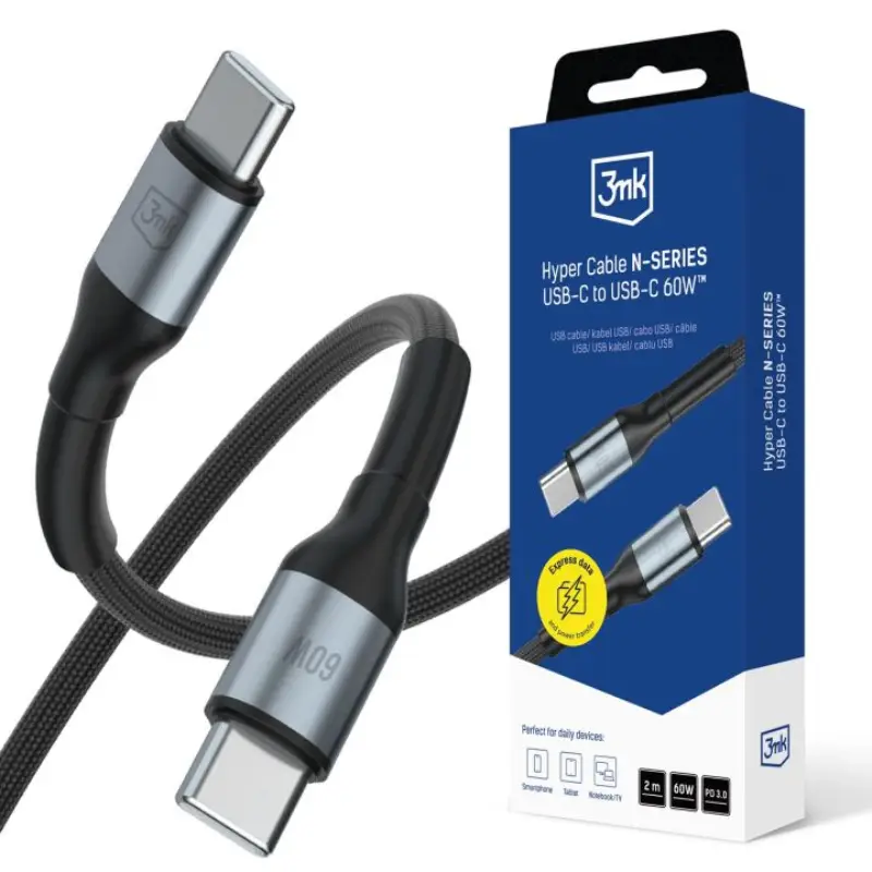 3MK HYPER CABLE N-SERIES USB-C PARA USB-C 60W 2MTS (PRETO)