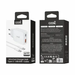 COOL CARREGADOR PD TYPE-C + USB 65W + CABO TYPE-C GAN BRANCO 6