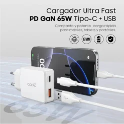 COOL CARREGADOR PD TYPE-C + USB 65W + CABO TYPE-C GAN BRANCO 3